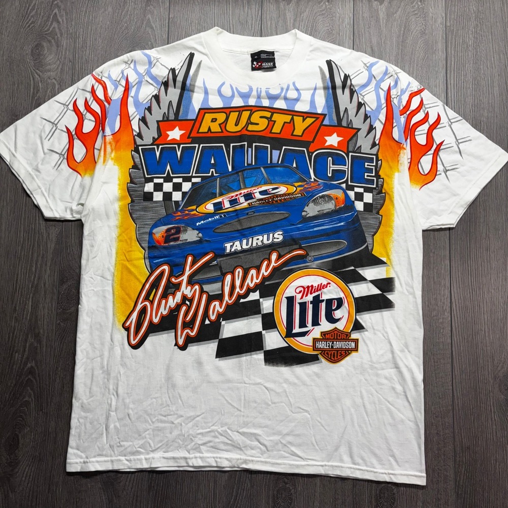 Vintage Chase Authentics Rusty Wallace XL NASCAR Miller Lite Harley Shirt White